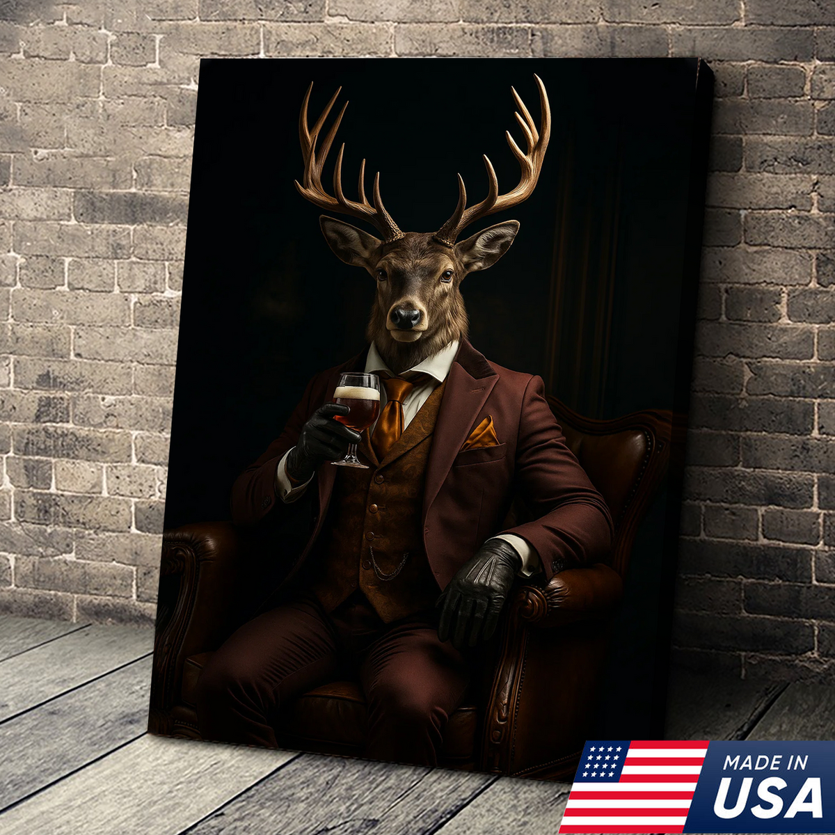 Deer Gentleman Canvas Wall Art – Rustic Lodge Decor, Anthropomorphic Buck in Suit