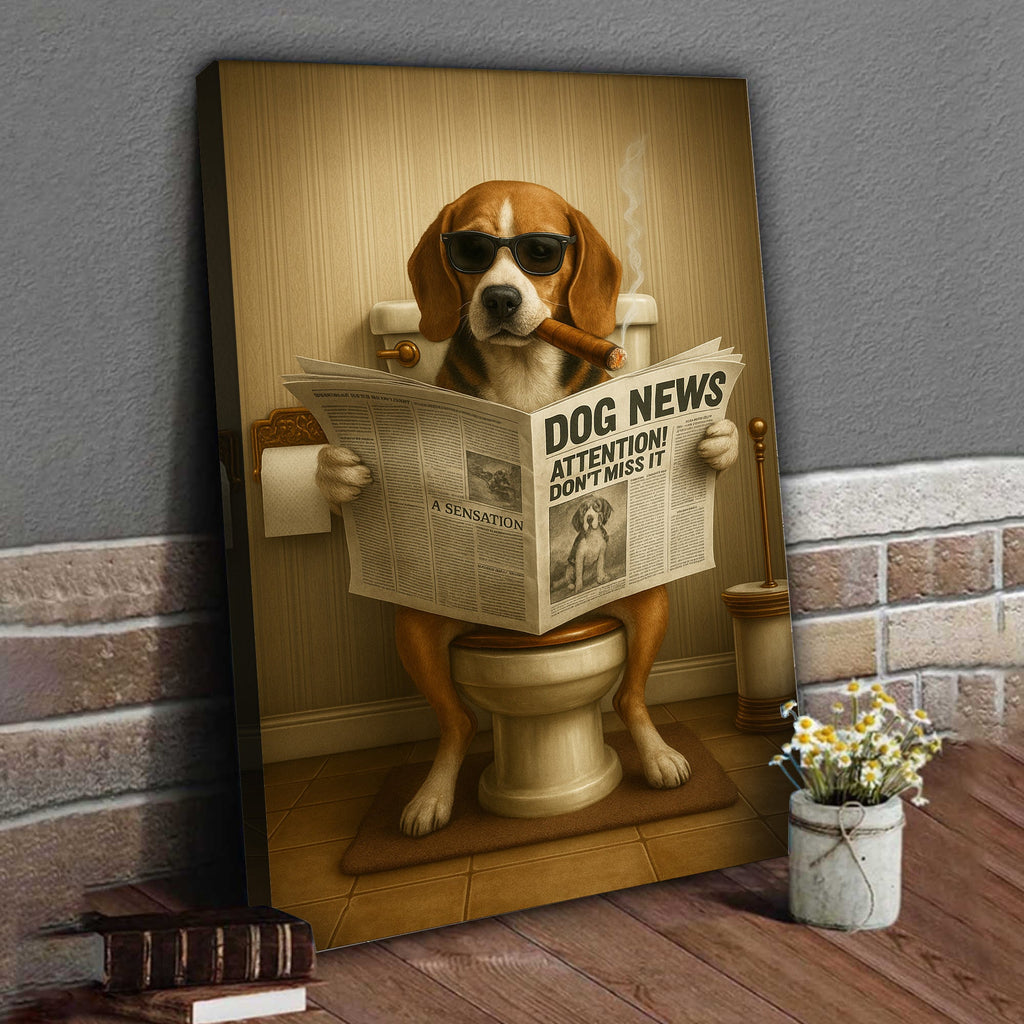 Funny Beagle Reading Newspaper Canvas – Funny Dog Hunting Bathroom Wall Art