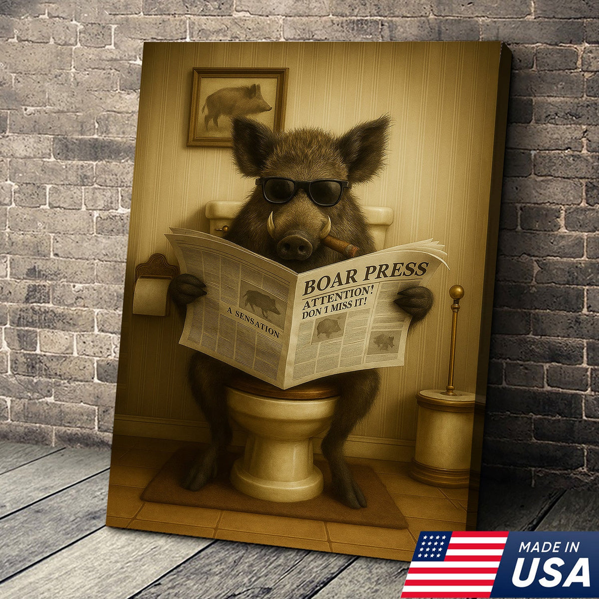 Funny Wild Boar Reading Newspaper Canvas – Funny Bathroom Wall Art