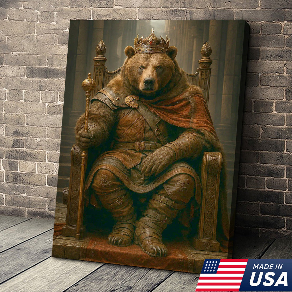 King Bear on Throne Canvas Wall Art, Medieval Crowned Animal Portrait, Rustic Castle Decor