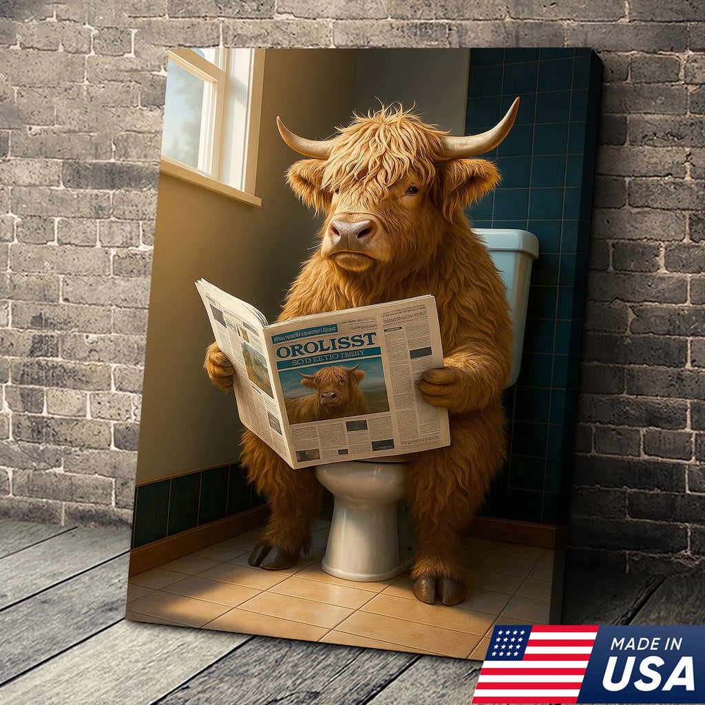 Highland Cow Bathroom Canvas Wall Art, Funny Farmhouse Restroom Decor