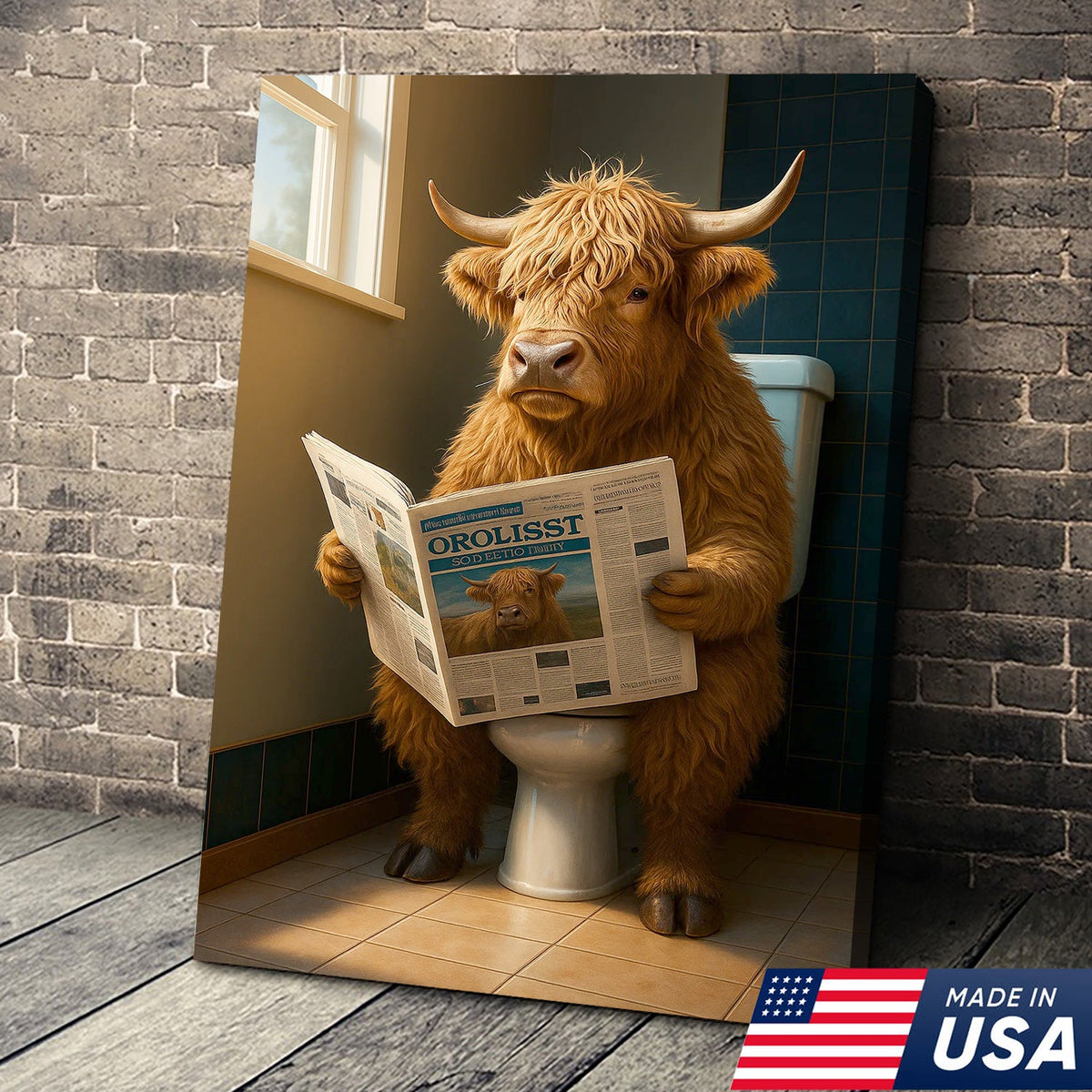 Highland Cow Bathroom Canvas Wall Art, Funny Farmhouse Restroom Decor