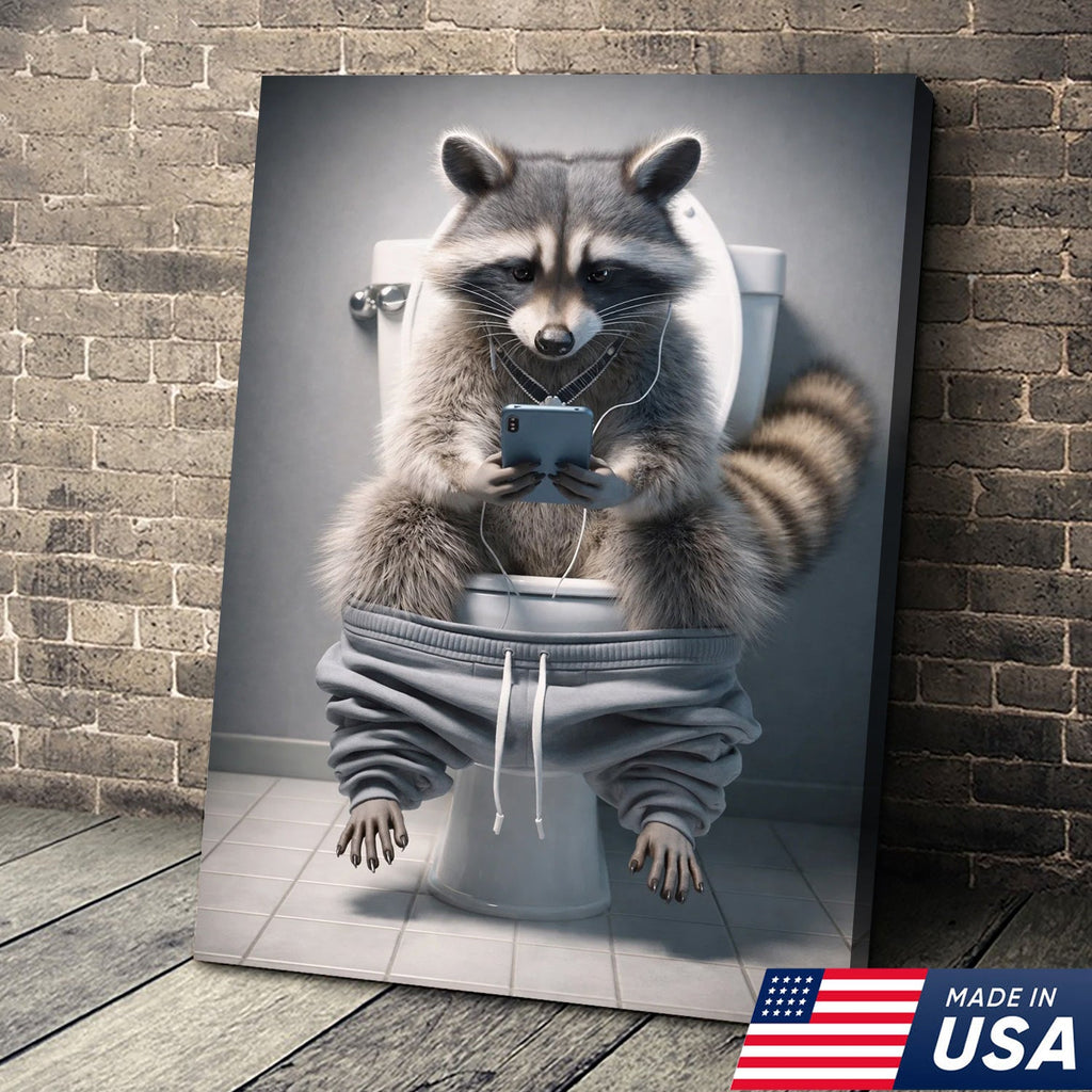 Funny Raccoon Toilet Canvas, Bathroom Humor Wall Art, Animal Decor