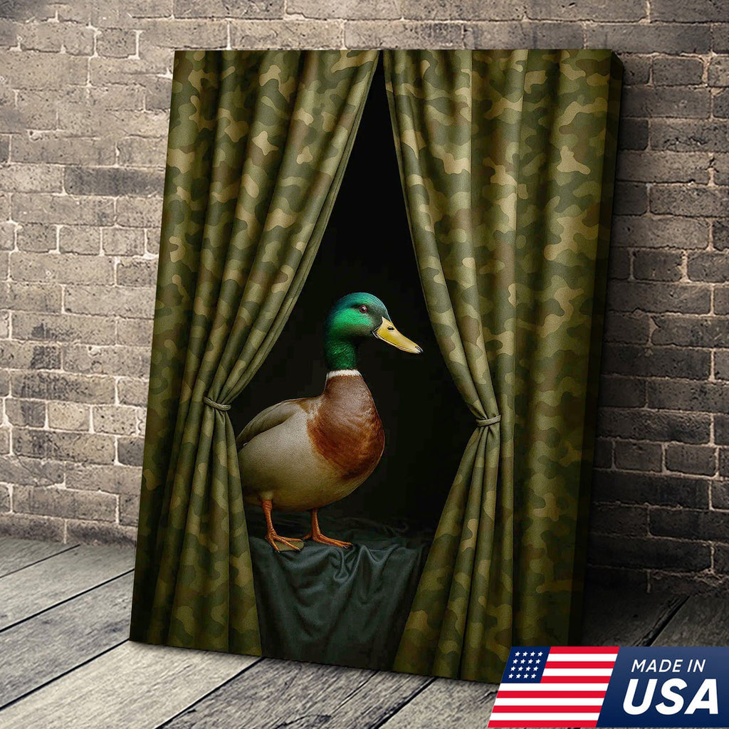 Duck Behind Camo Curtain Canvas Wall Art, Funny Hunting Lodge Decor, Rustic Wildlife Artwork