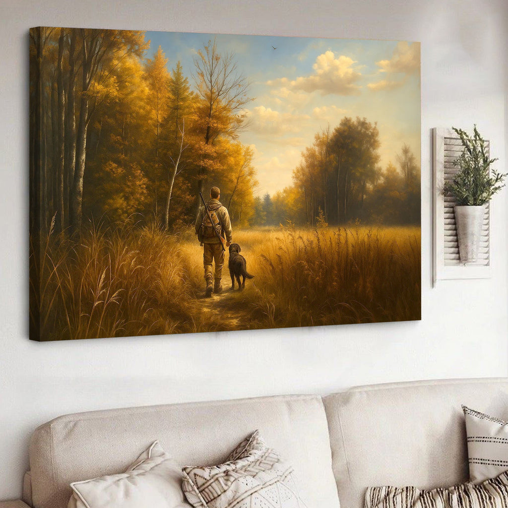 Hunting Canvas Wall Art – Hunter Walking with Dog in Autumn Forest – Rustic Wildlife Wall Decor