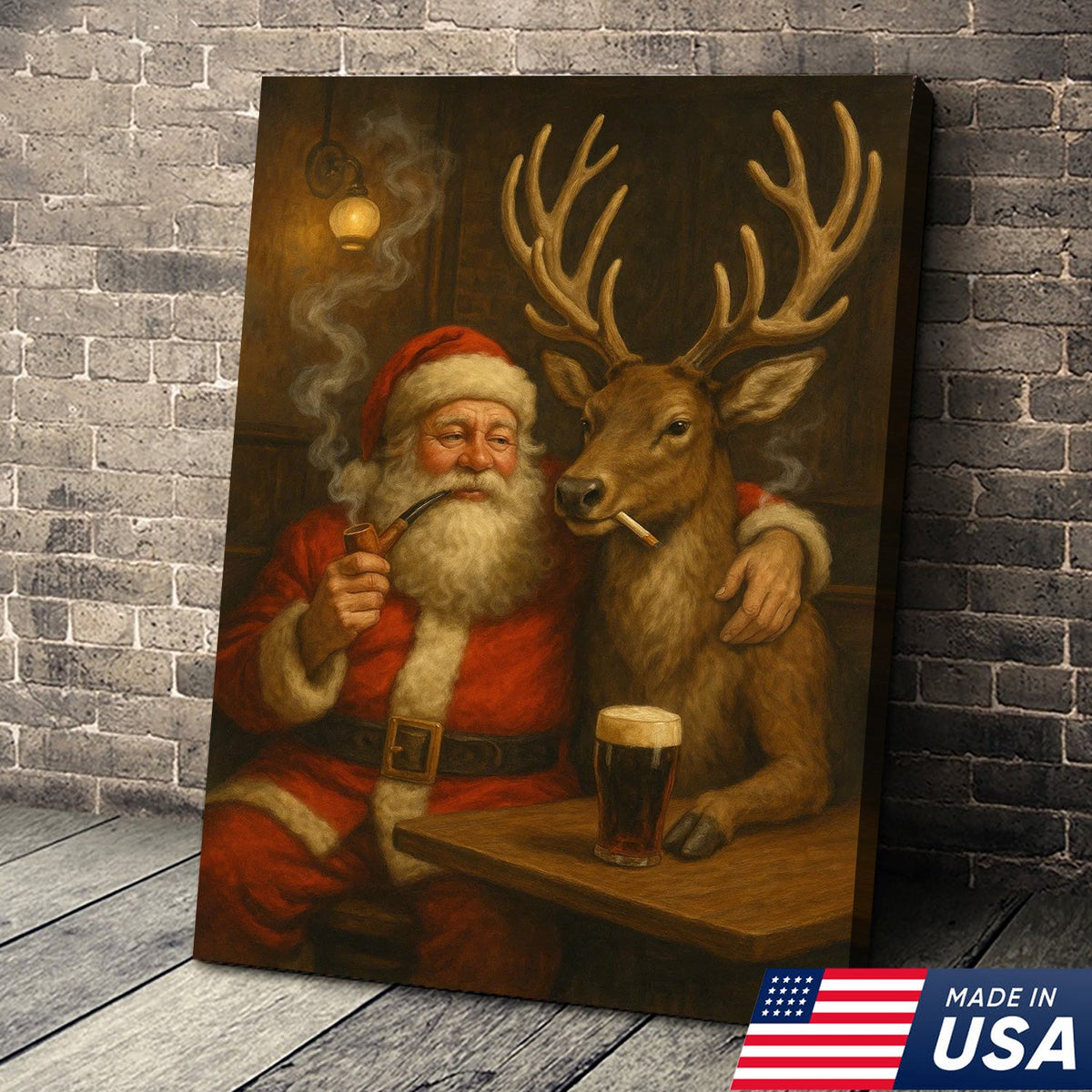 Funny Santa and Reindeer Wall Art Canvas – Rustic Christmas Lodge Decor