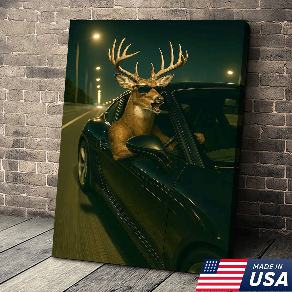 Funny Deer Driving Canvas, Cool Buck in Car Wall Art, Humorous Hunter Gift