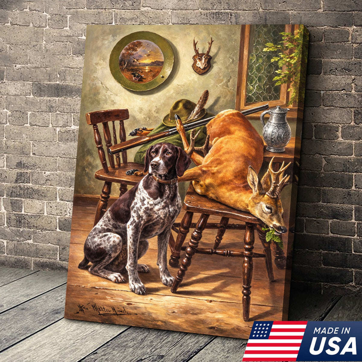 Vintage Hunting Dog and Deer Canvas Wall Art – Classic Sporting Cabin Scene Print with Rifle