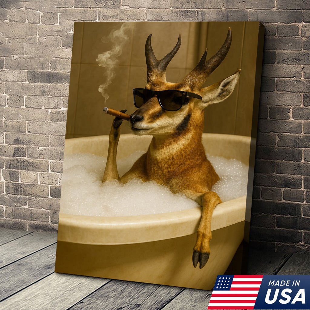 Funny Pronghorn Antelope Smoking Canvas Wall Art – Cool Bathtub & Cigar Gift for Hunters