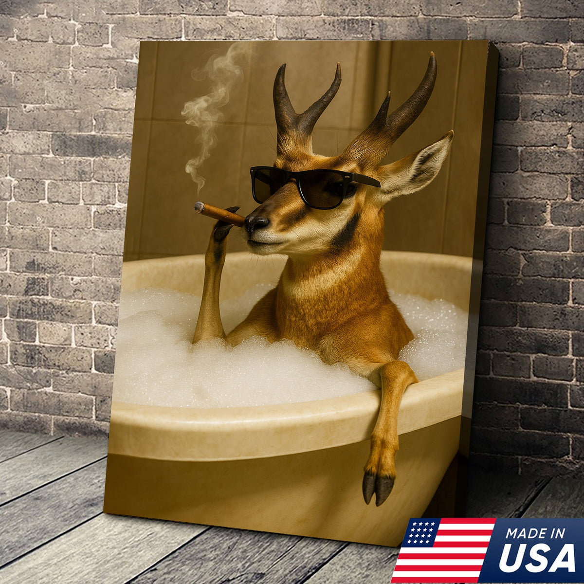 Funny Pronghorn Antelope Smoking Canvas Wall Art – Cool Bathtub & Cigar Gift for Hunters