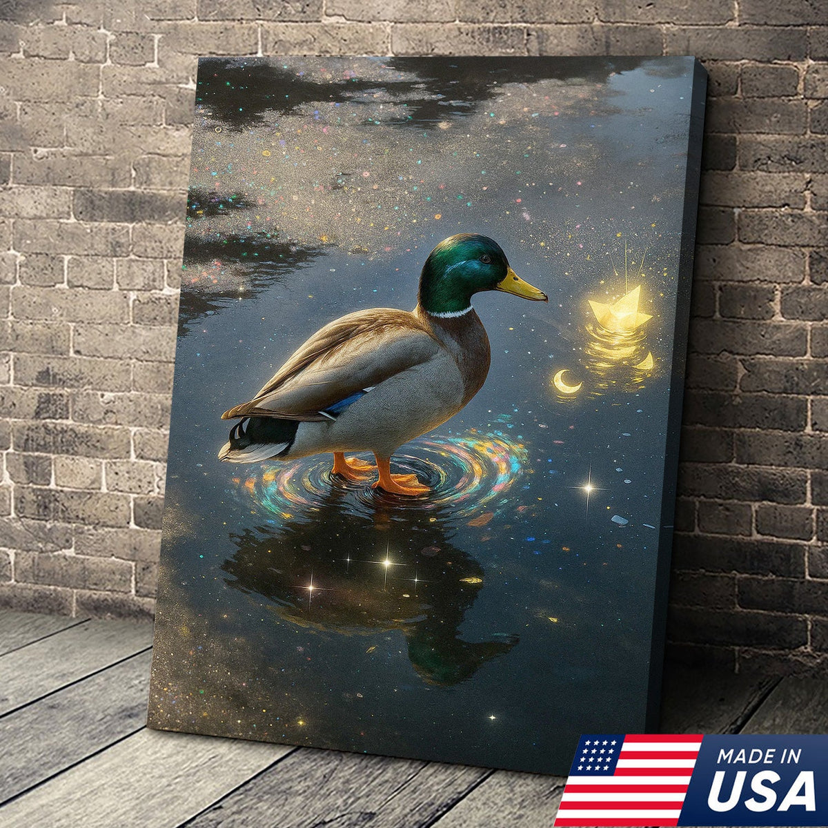 Magical Duck Canvas Art – Enchanted Night Water Scene with Glowing Stars