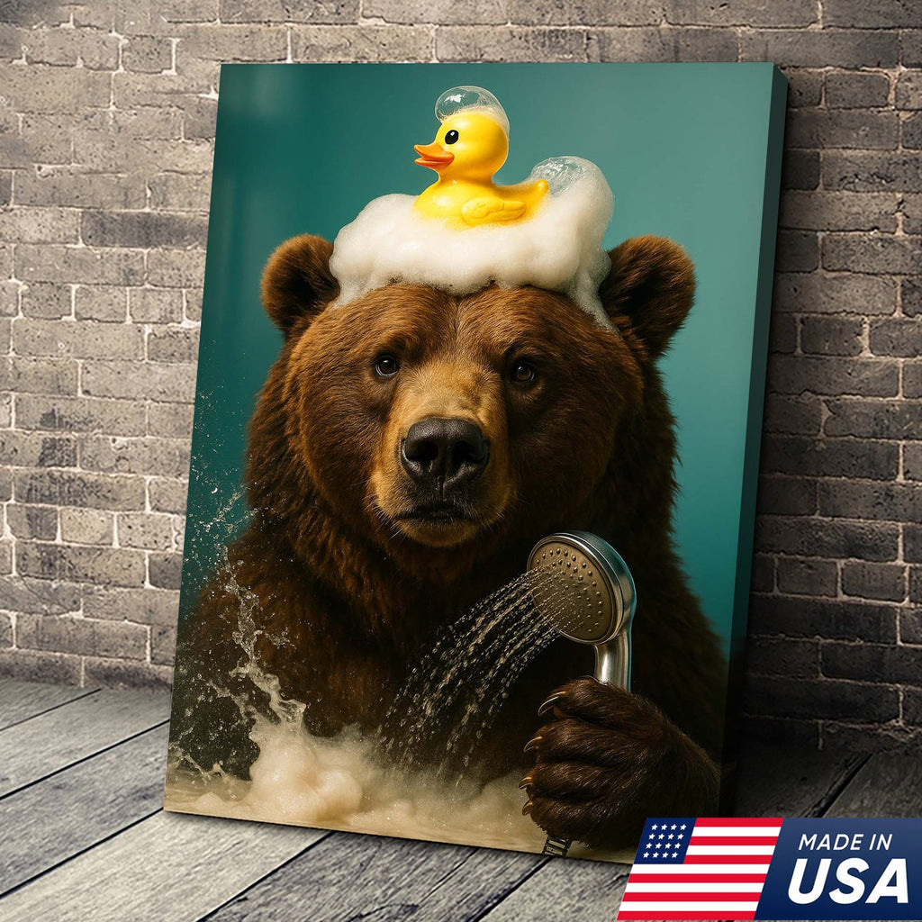 Funny Bear Bathroom Wall Art Canvas – Cute Bear Bubble Bath with Rubber Duck