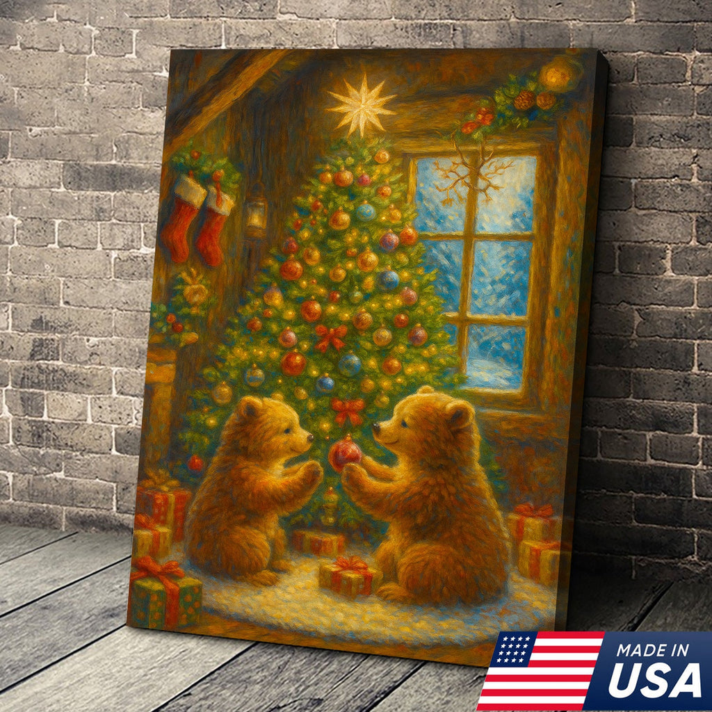 Christmas Bear Cubs Wall Art Canvas — Cozy Holiday Tree Scene, Cute Winter Animal Wall Decor