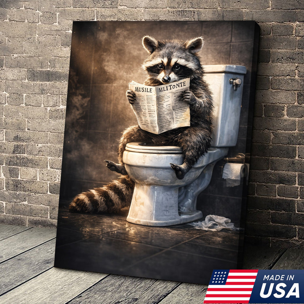 Funny Raccoon Toilet Reading Canvas – Quirky Bathroom Humor Wall Art