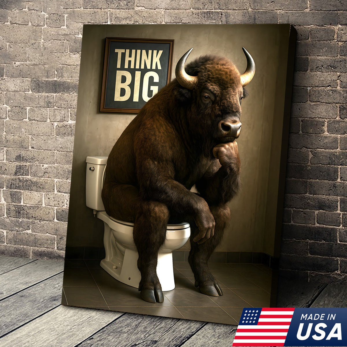 Funny Buffalo Bathroom Wall Art – Think Big Bison Canvas, Rustic Farmhouse Animal Decor