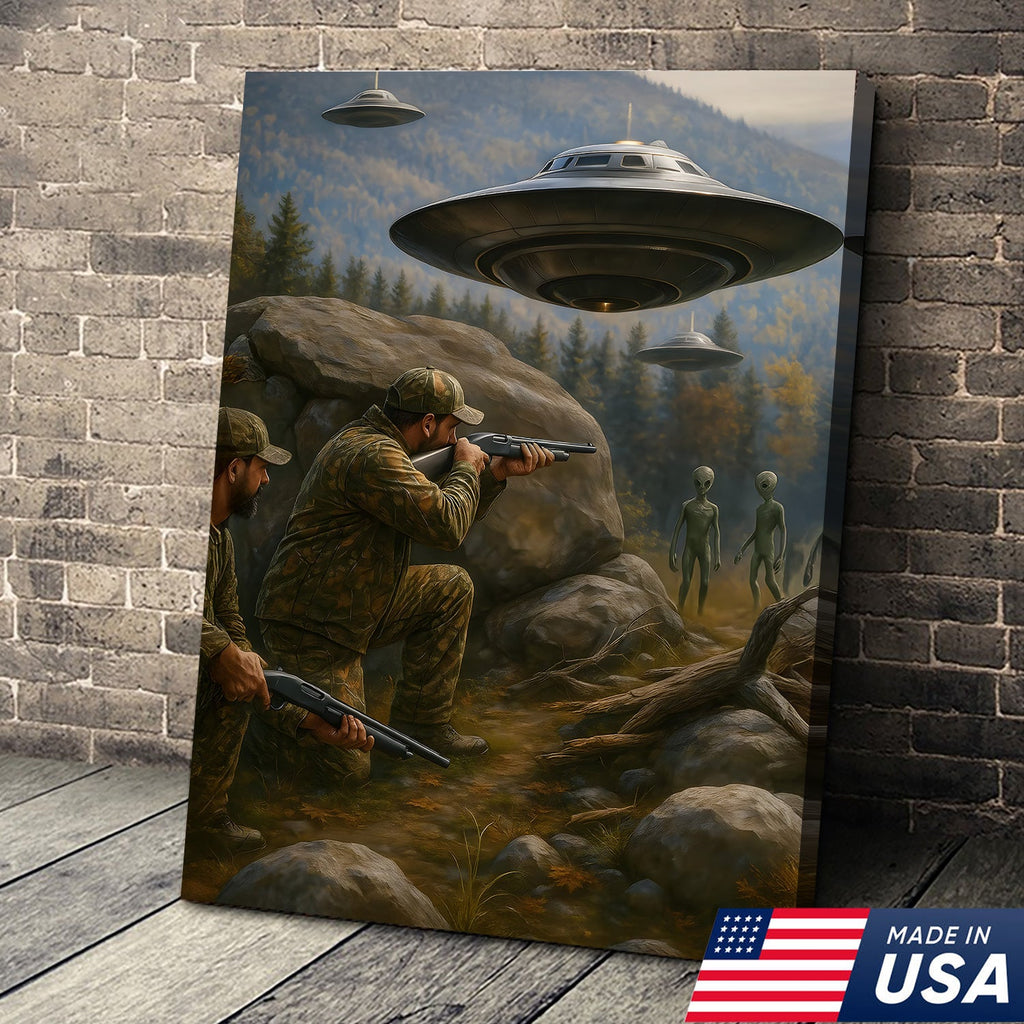Alien Encounter Hunting Canvas Wall Art, Funny Hunters vs UFO Scene