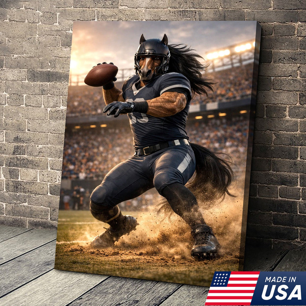Dark Stallion Football Canvas Wall Art – Powerful Horse Athlete Stadium Action Print