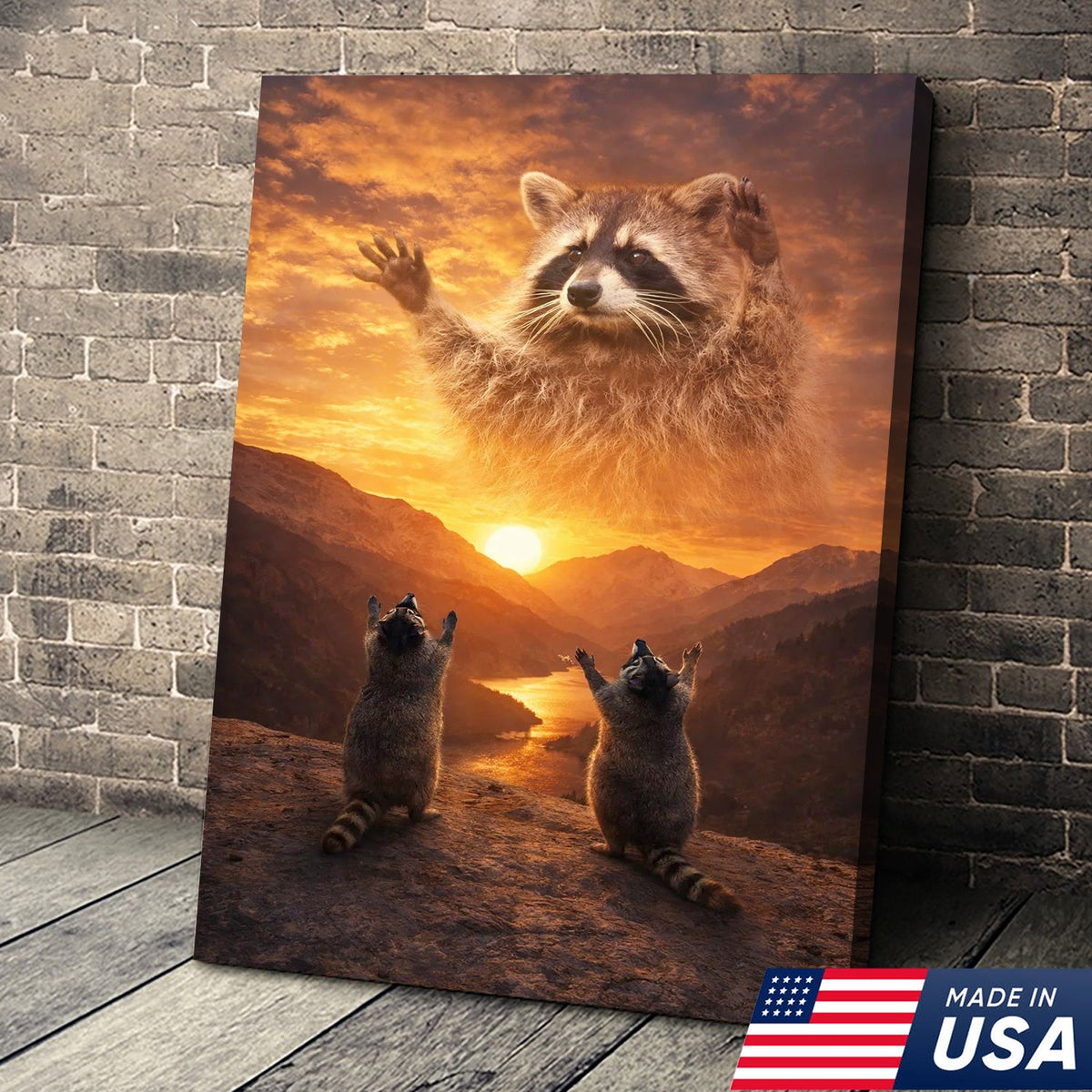 Funny Raccoon God Sunset Canvas Wall Art, Raccoon Worship Mountain Landscape