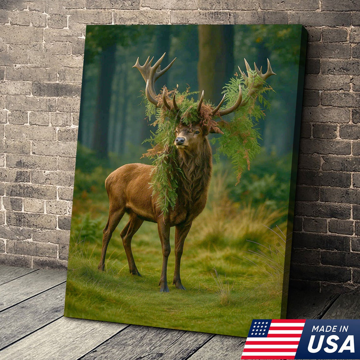 Forest Stag with Fern Crown Canvas Wall Art, Woodland Deer Print, Rustic Cabin Nature Decor