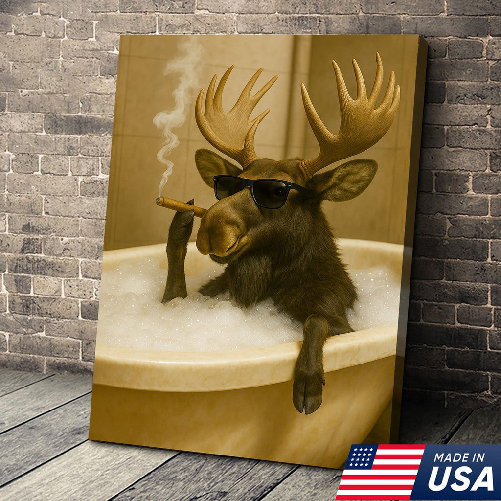 Rustic Bathroom Humor Moose Canvas – Smoking Bubble Bath Wall Art for Hunting Cabin