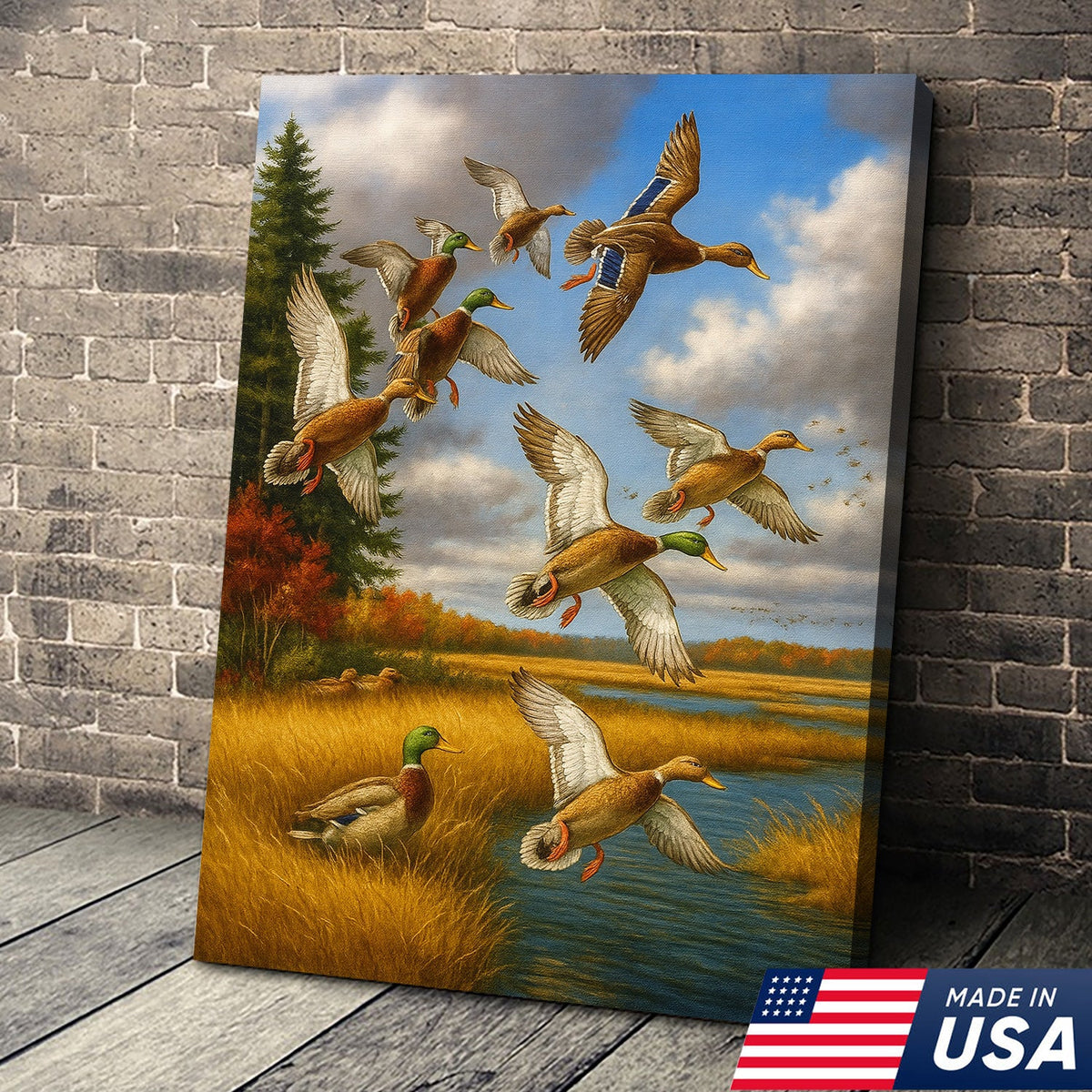 Mallard Ducks Flying Wall Art Canvas – Vintage Waterfowl Hunting Scene Canvas for Outdoorsmen