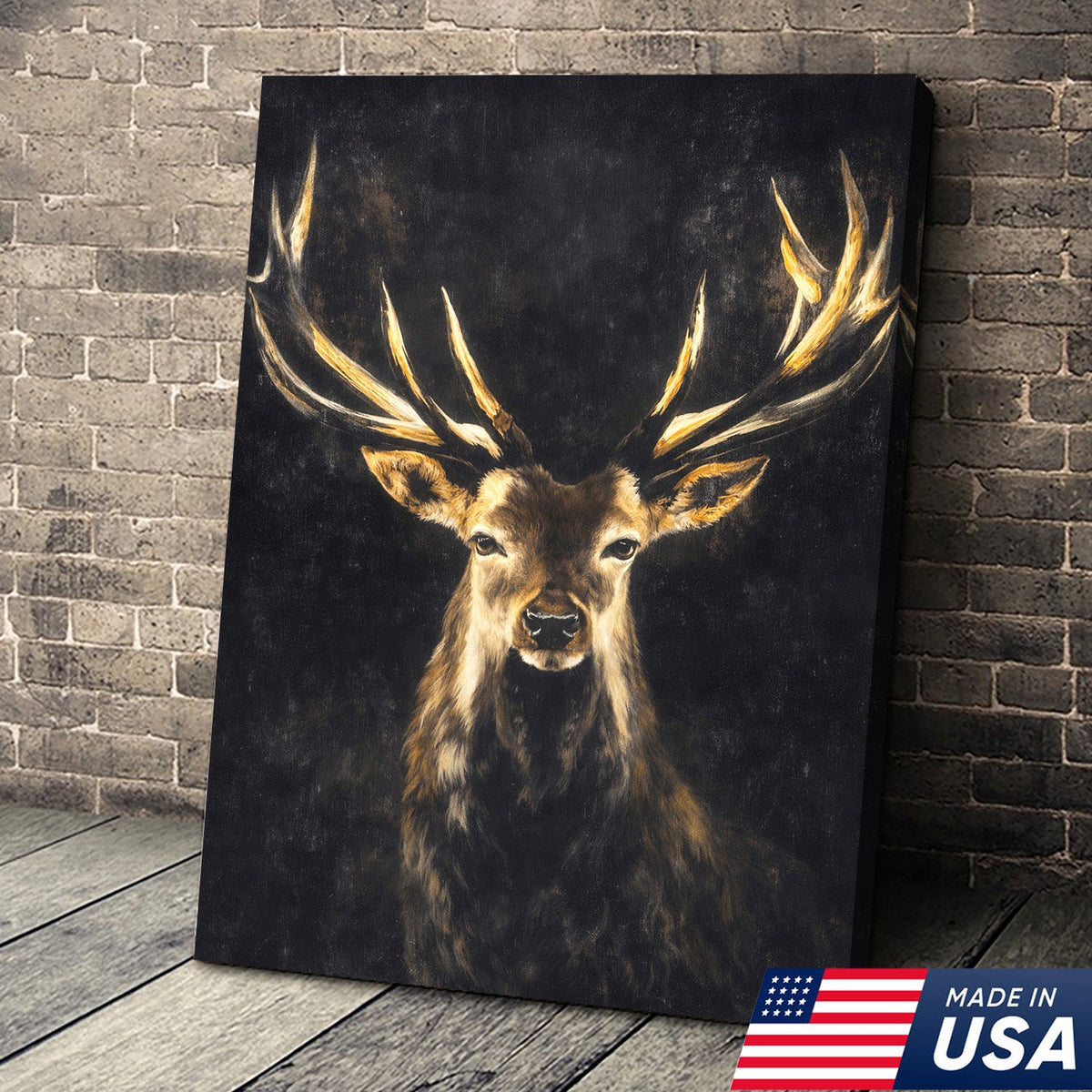 Majestic Deer Canvas Wall Art – Golden Antlers Stag Wildlife Canvas Rustic Cabin Decor