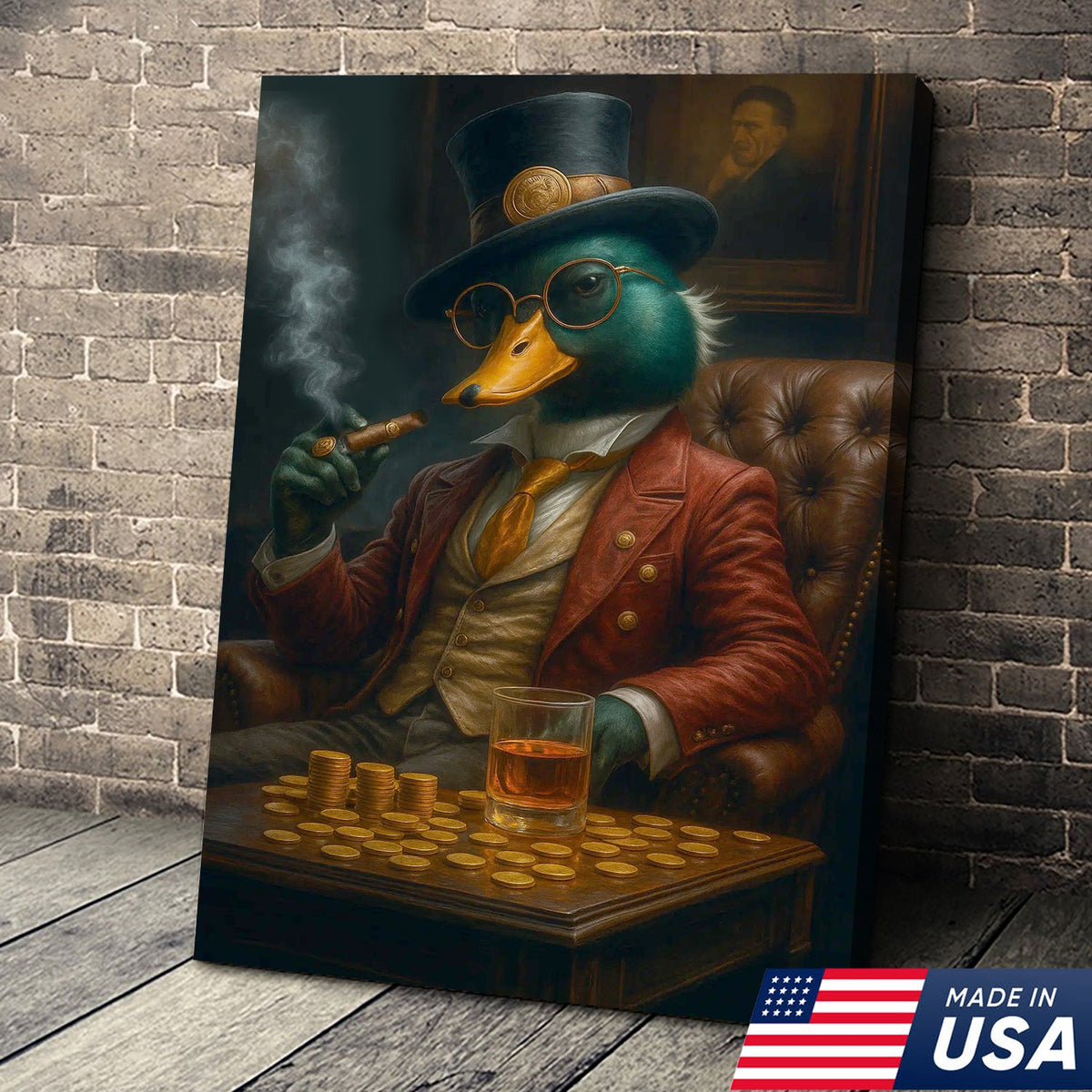 Rich Duck Boss Canvas Wall Art, Fancy Dapper Duck in Suit with Gold Coins