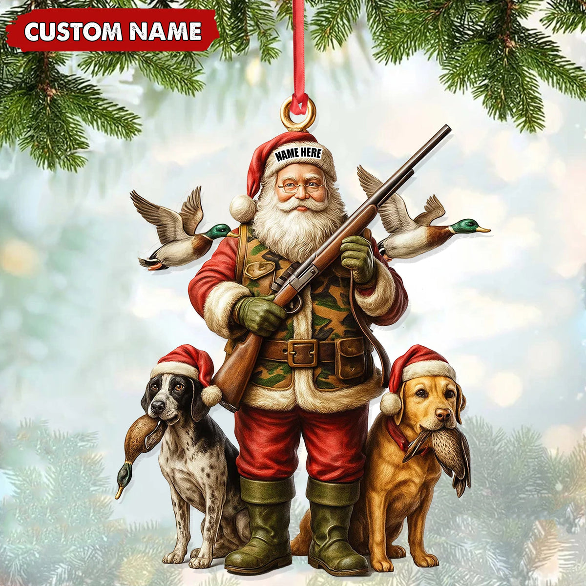 Personalized Santa Duck Hunter Ornament, Custom Name Christmas Gift for Hunting Lovers