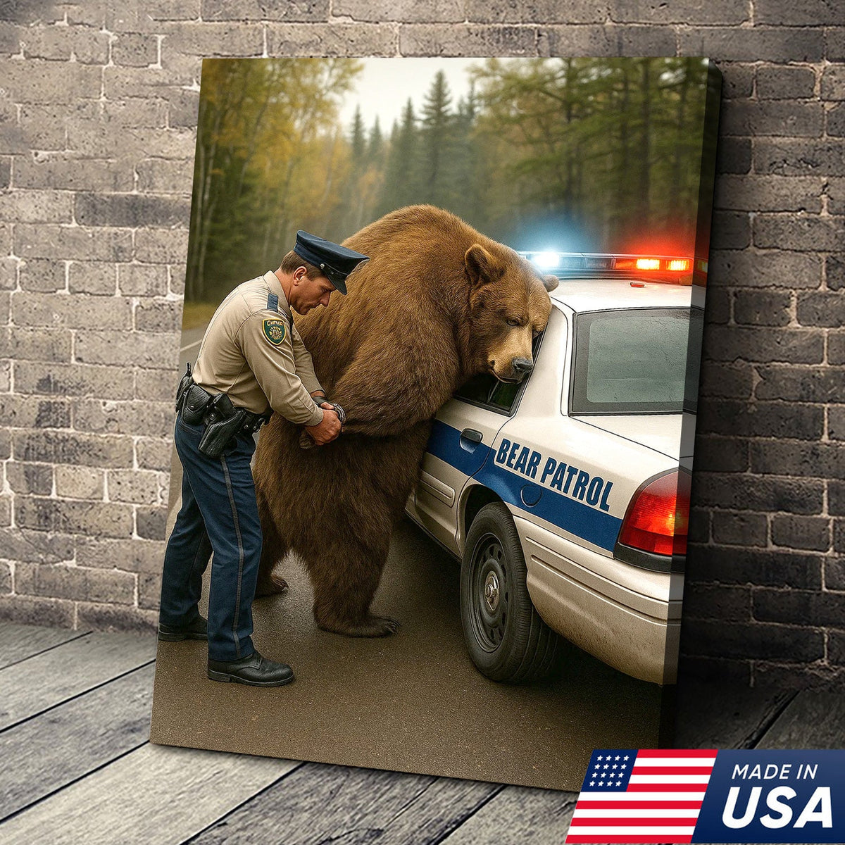 Funny Bear Patrol Canvas Wall Art, Humorous Wildlife Police Artwork, Rustic Cabin Decor