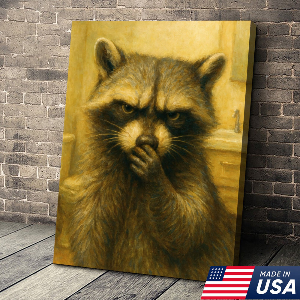 Bathroom Wall Art Canvas – Grumpy Raccoon Holding Nose, Funny Toilet Humor Decor