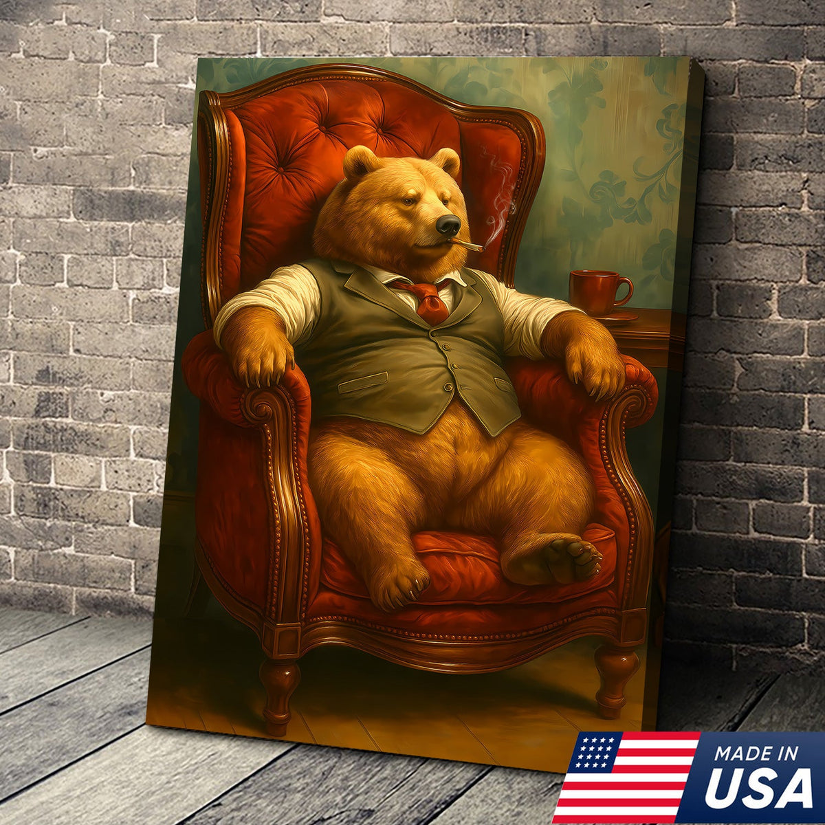 Gentleman Bear Sitting in Chair Canvas Art – Funny Gift for Men Who Love Class & Chill Vibes