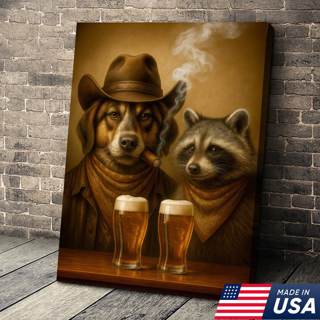Funny Dog & Raccoon Cowboy Canvas Wall Art – Funny Western Beer Decor for Hunters