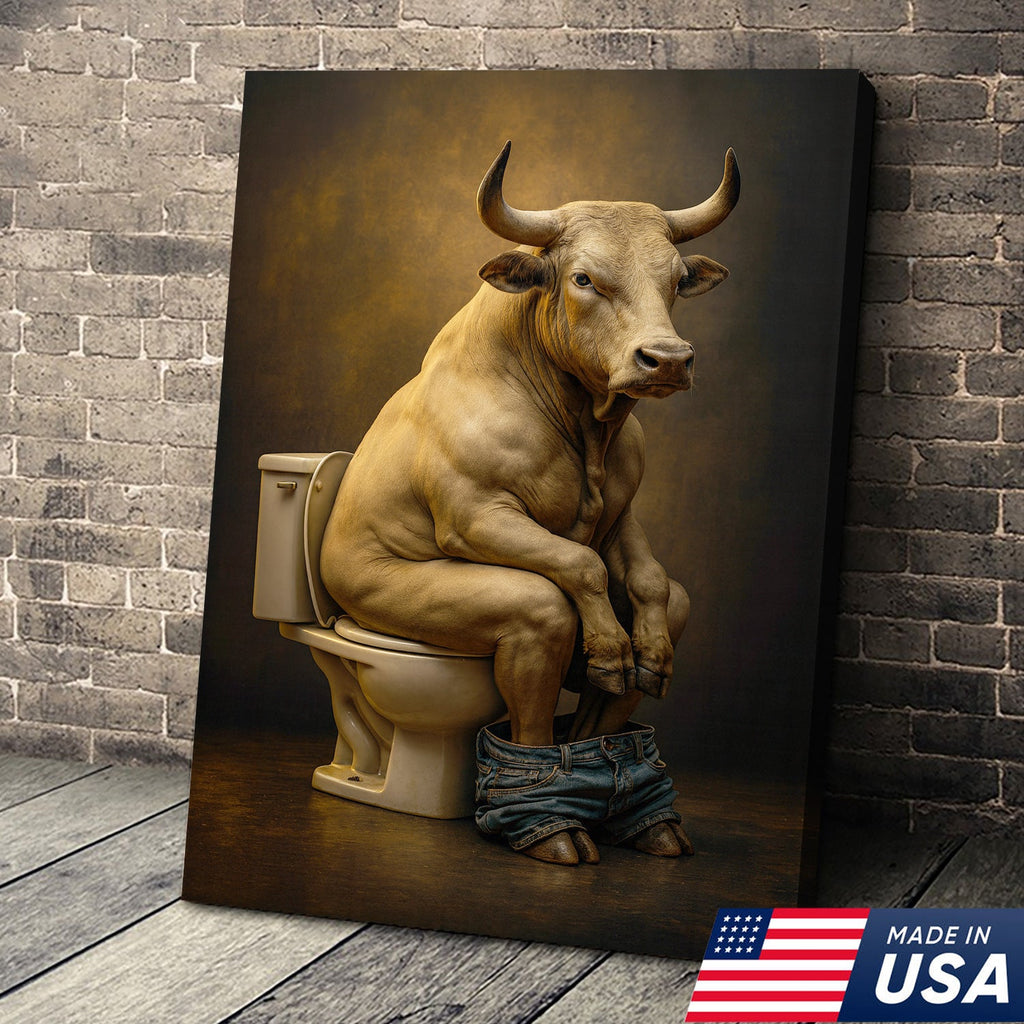 Funny Bull on Toilet Wall Art Canvas – Hilarious Farmhouse Bathroom Decor for Men & Guests
