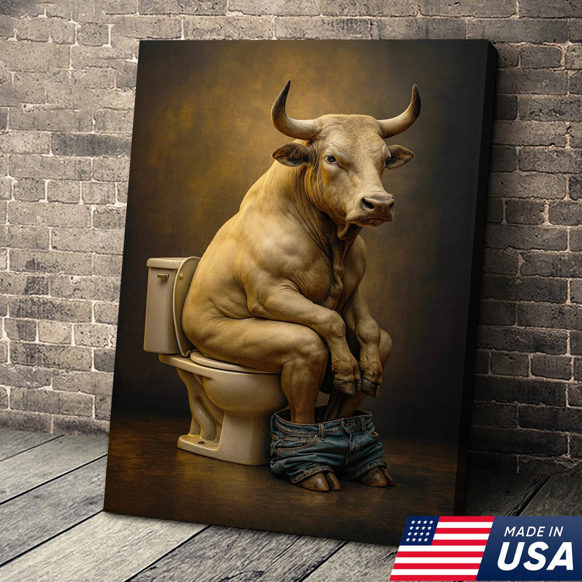 Funny Bull on Toilet Wall Art Canvas – Hilarious Farmhouse Bathroom Decor for Men & Guests