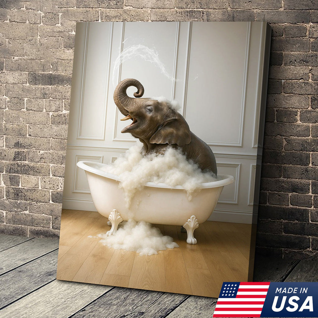 Elephant Bubble Bath Bathroom Wall Art Canvas, Funny Animal in Bathtub Bathroom Decor