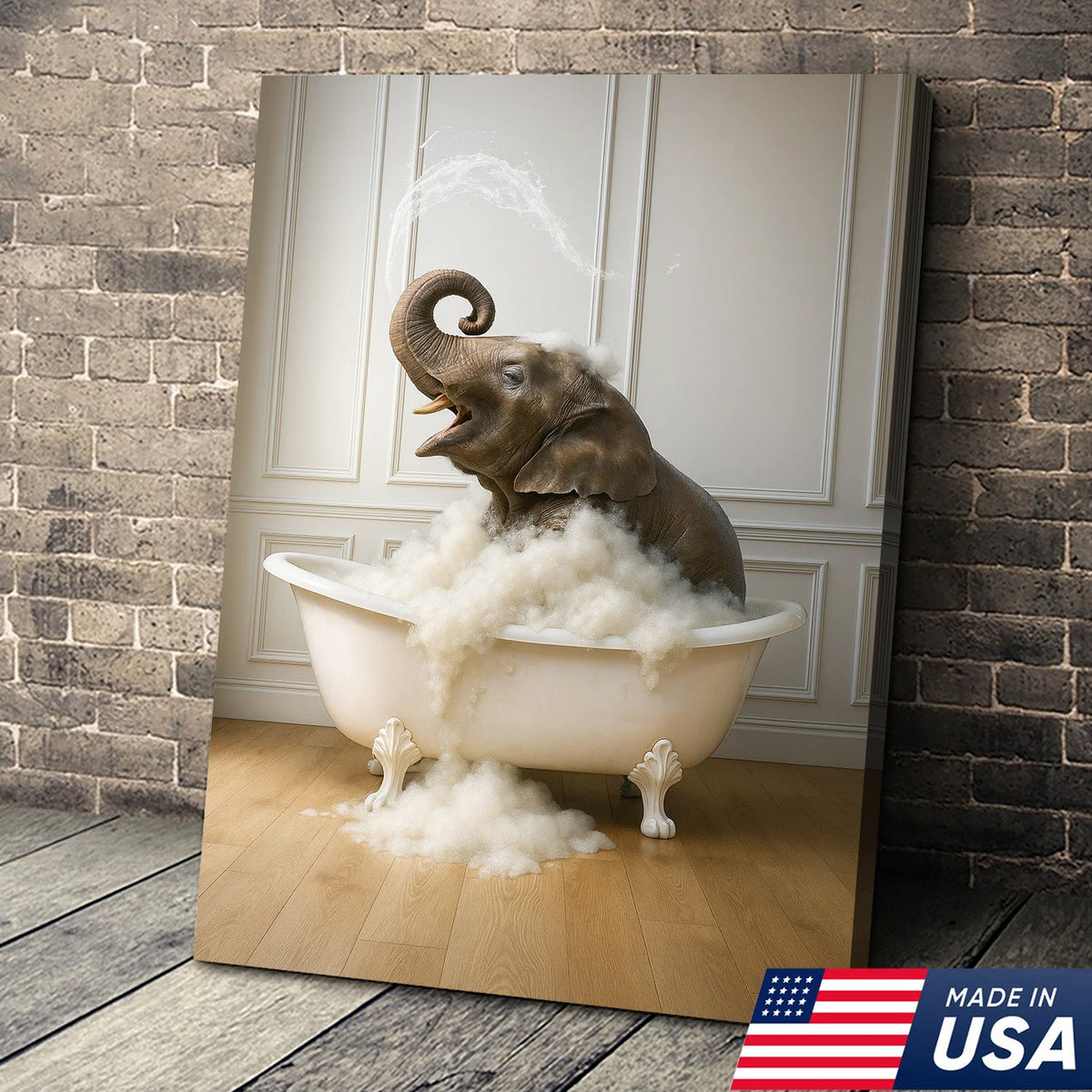 Elephant Bubble Bath Bathroom Wall Art Canvas, Funny Animal in Bathtub Bathroom Decor