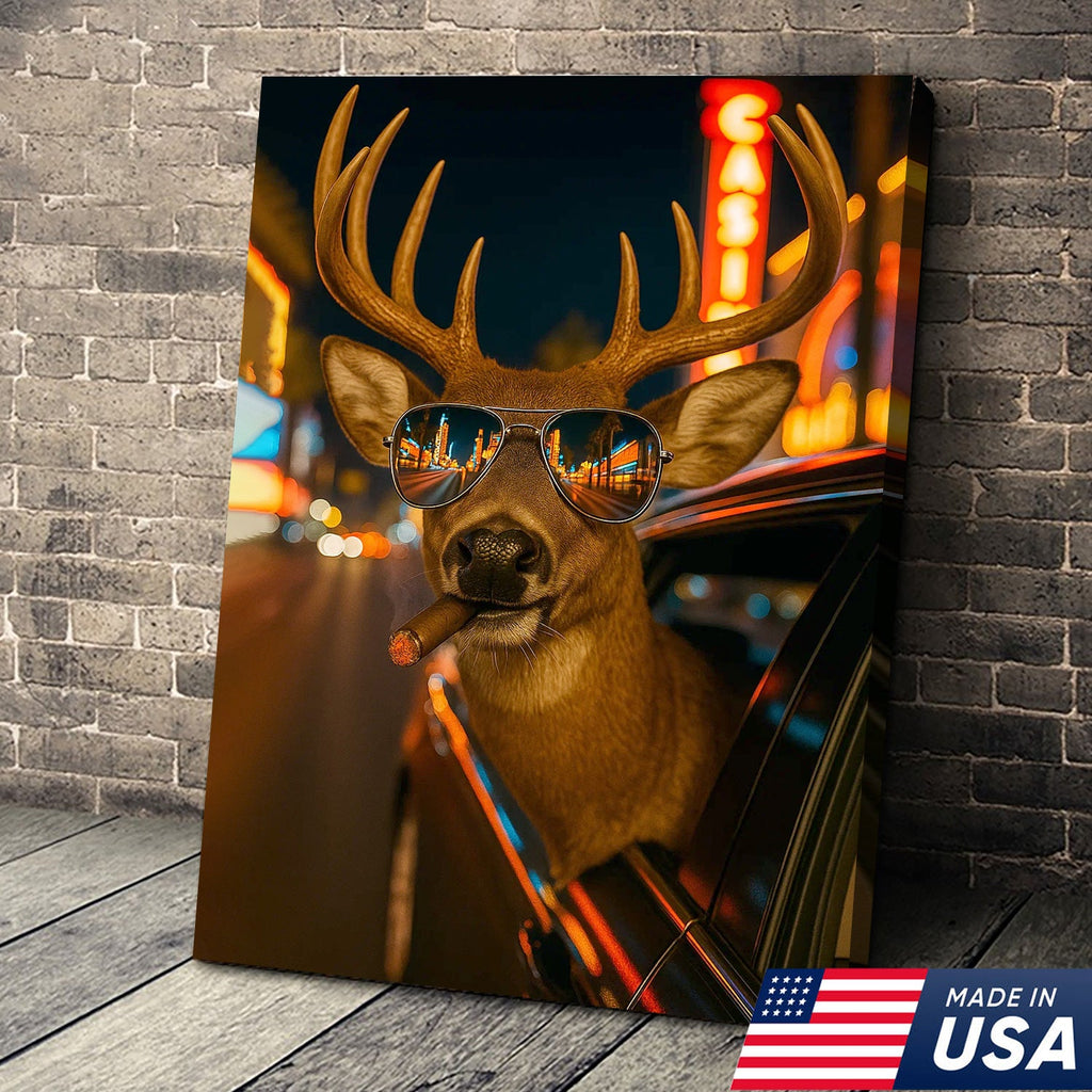 Cool Deer Canvas Wall Art - Funny Rustic Lodge Decor with Sunglasses and Night City Vibes