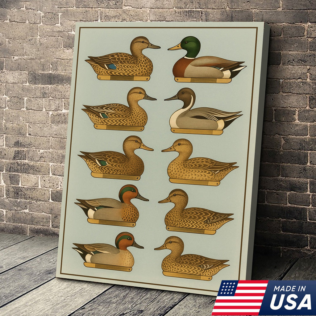 Duck Species Identification Canvas Wall Art – Rustic Hunting Lodge Decor for Hunters & Bird Lovers