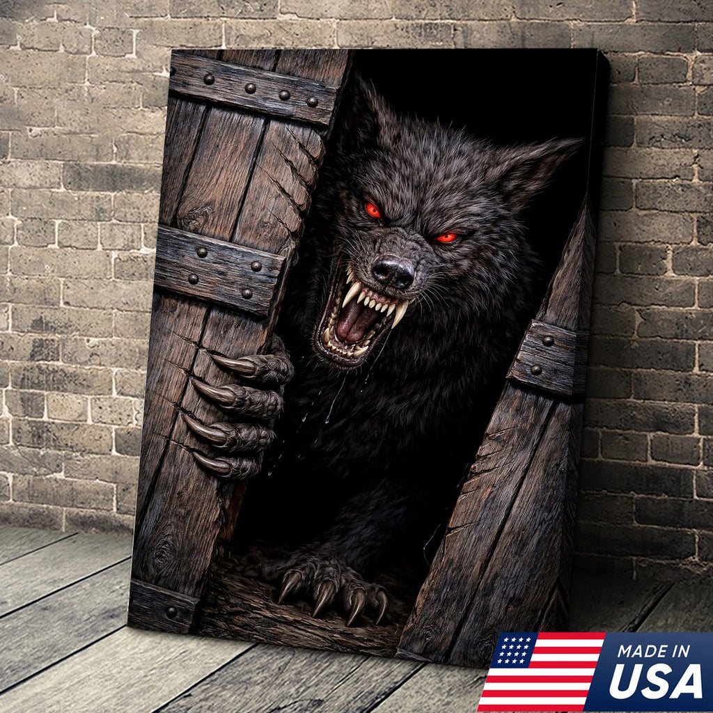 Angry Red Eyes Werewolf Canvas Wall Art, Dark Horror Wolf Monster Illustration