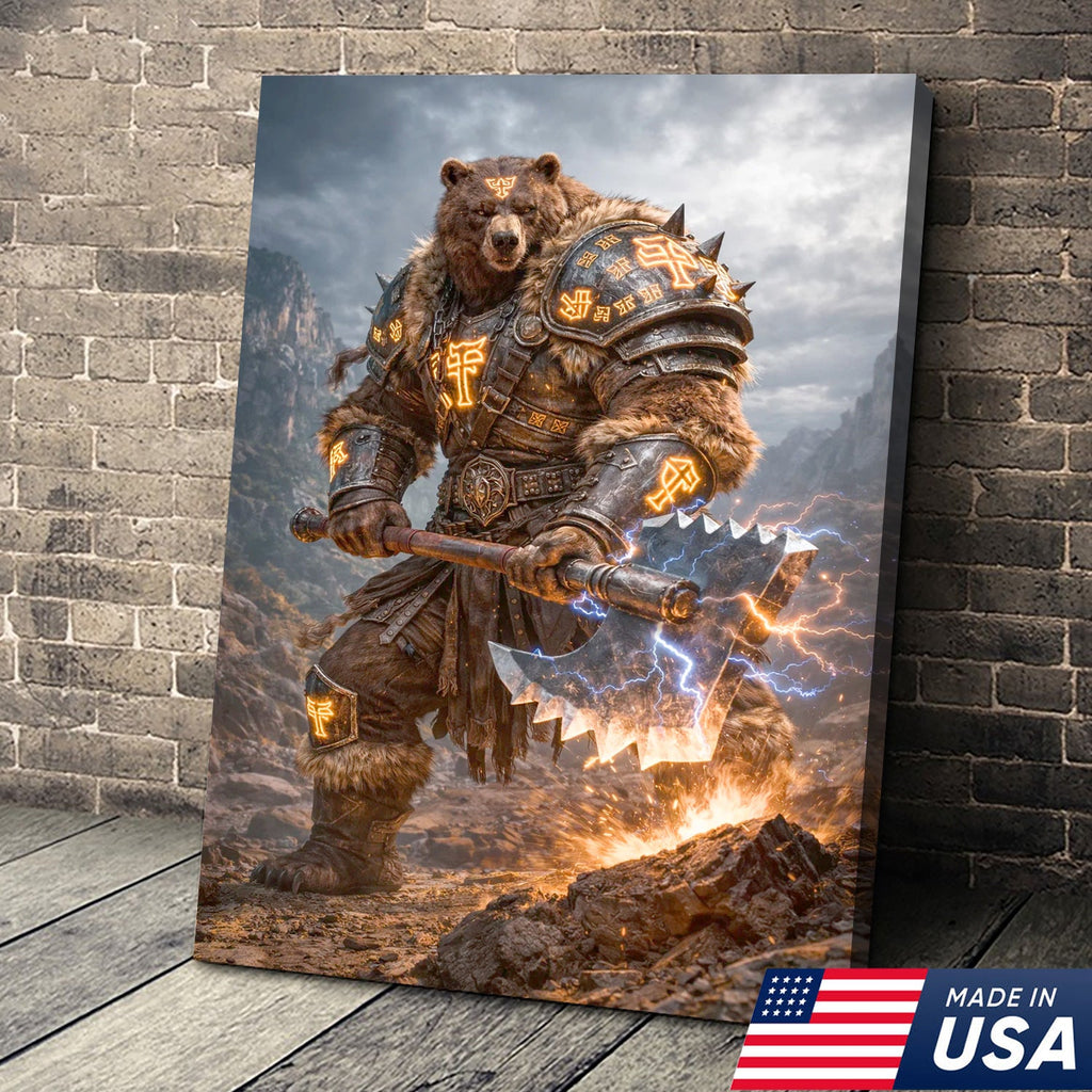 Thunder Rune Bear Canvas Wall Art – Epic Fantasy Warrior with Lightning Axe