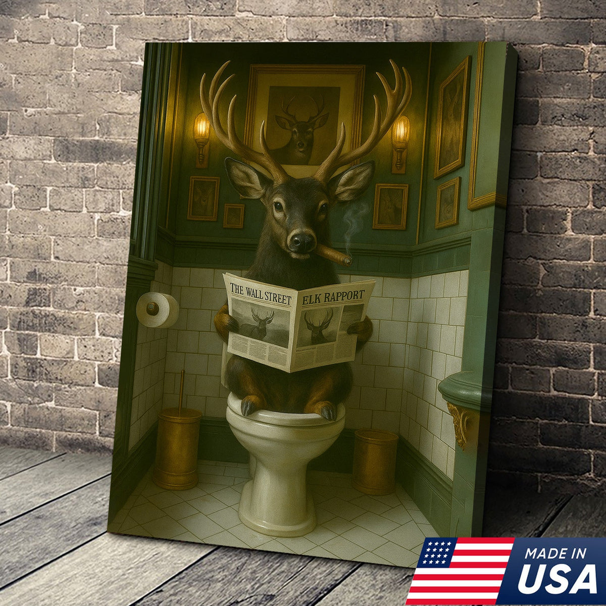 Black-Tailed Deer On Toilet Canvas Wall Art – Unique Funny Bathroom Decor Gift