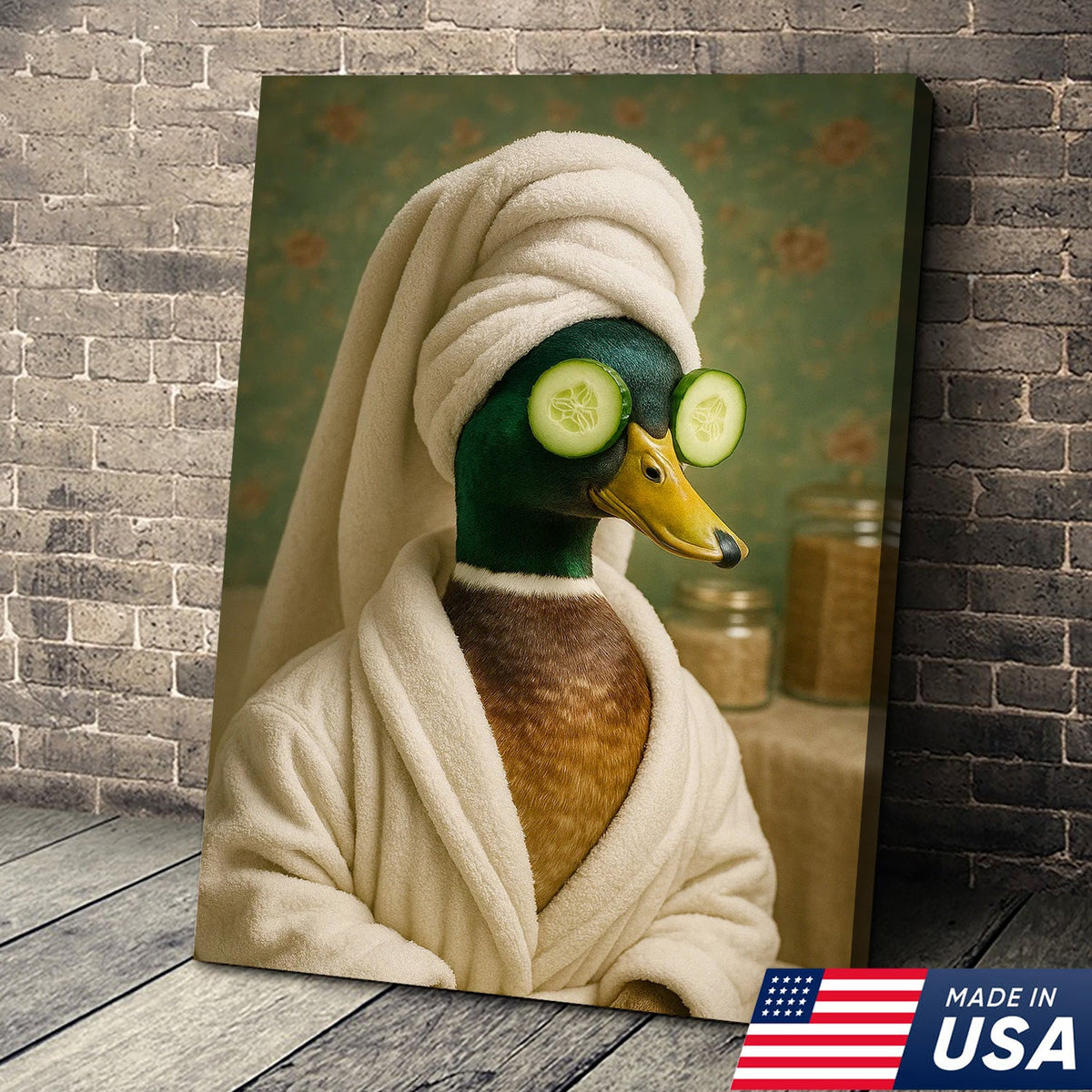 Spa Day Duck Canvas Wall Art, Funny Bathroom Spa Decor, Mallard in Robe with Cucumber Eyes