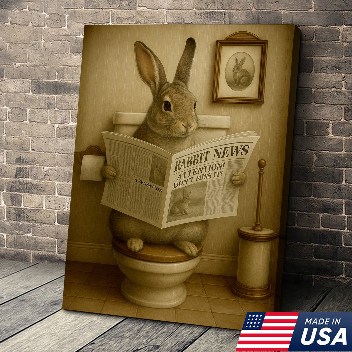 Funny Bunny Rabbit Bathroom Canvas – Unique Rustic Wildlife Decor Gift for Hunting Enthusiasts