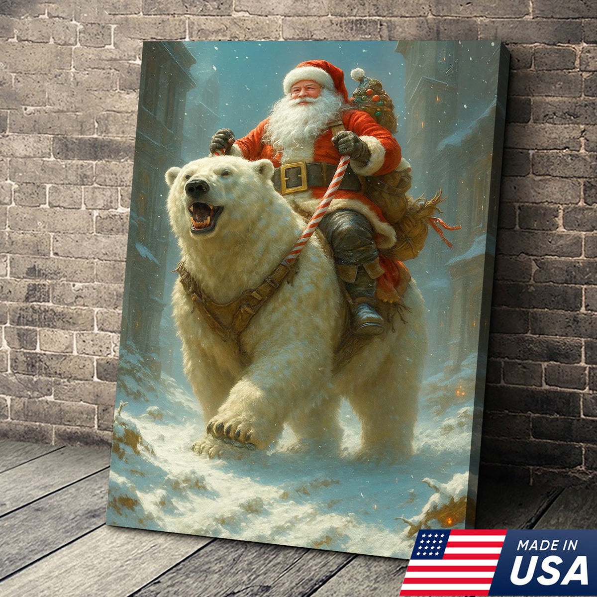 Santa Riding Polar Bear Canvas Wall Art, Epic Christmas Adventure Santa Print
