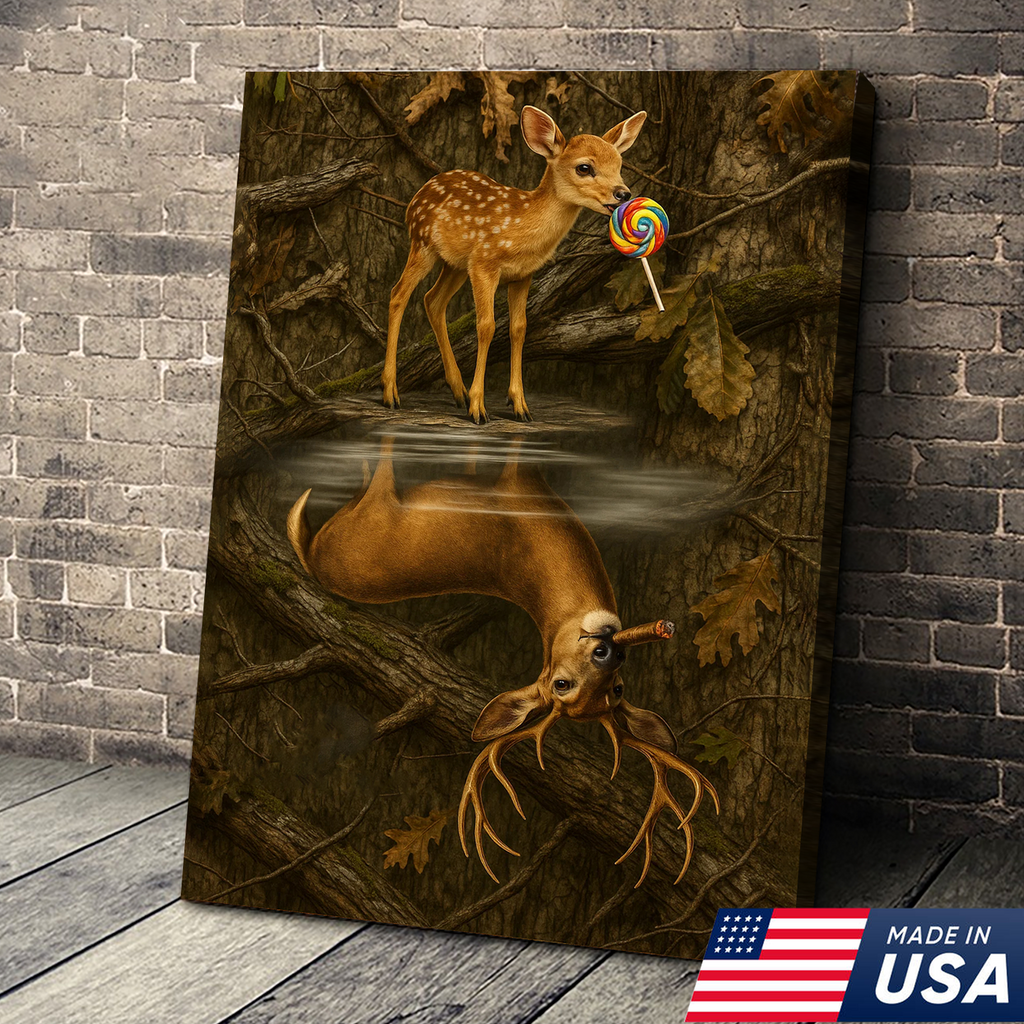 Whimsical Deer Reflection Canvas Art - Cute Fawn with Lollipop Forest Scene