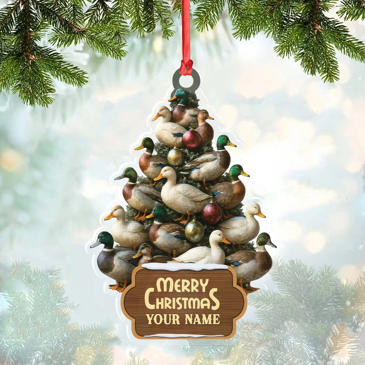 Funny Duck Christmas Tree Acrylic Ornament – Personalized Hunting Gift, Mallard Duck Lover Decoration, Rustic Country Holiday Decor