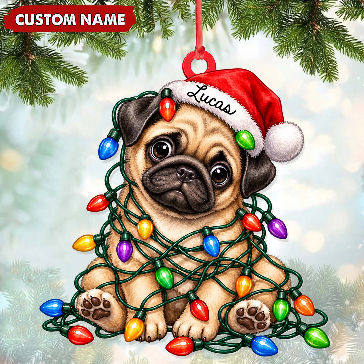Personalized Pug Christmas Ornament Custom Name Festive Dog Keepsake