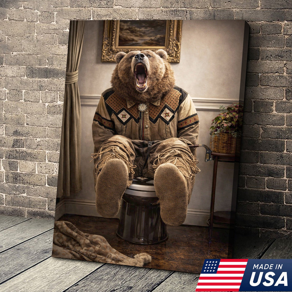 Funny Bear Bathroom Canvas Wall Art – Western Bear On Toilet