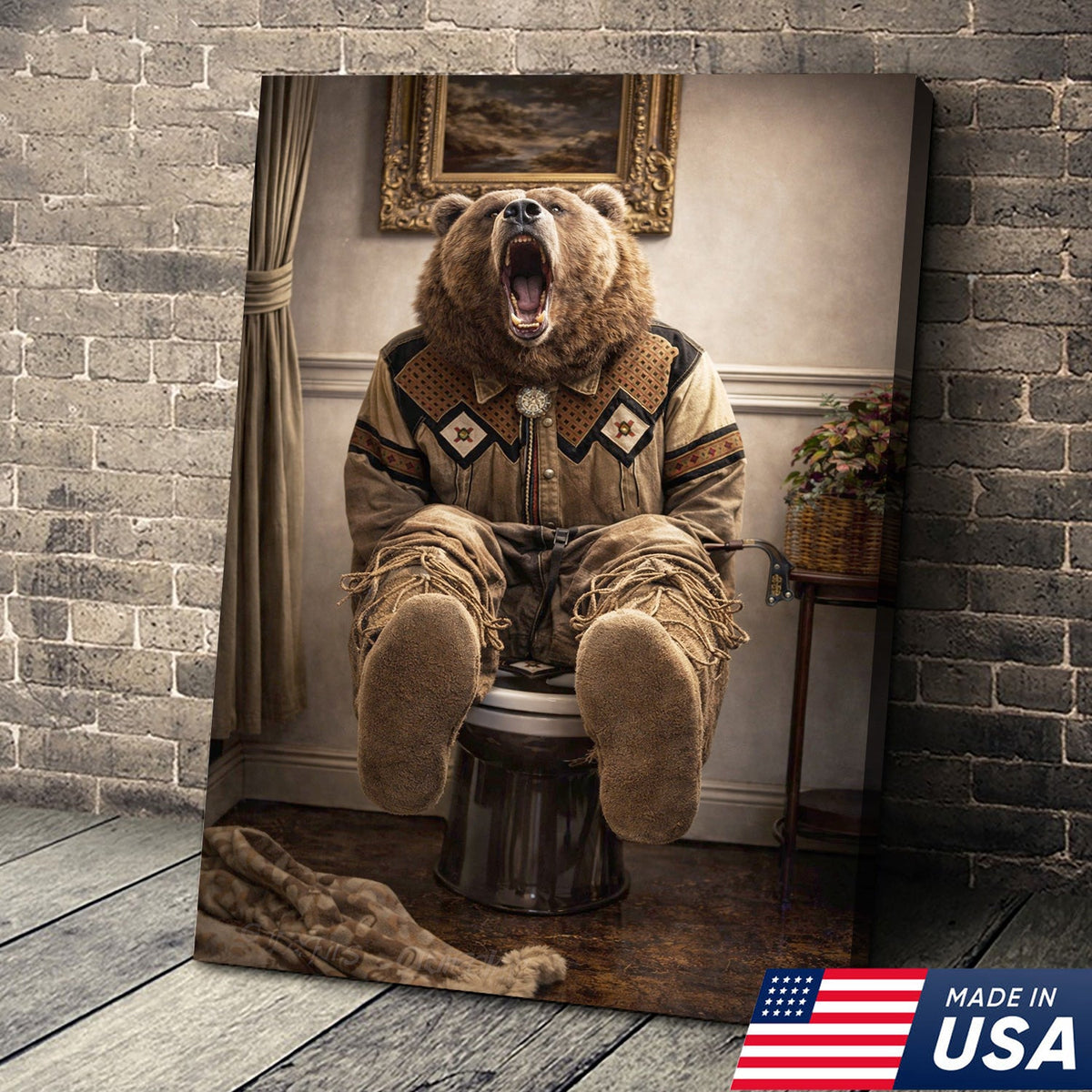 Funny Bear Bathroom Canvas Wall Art – Western Bear On Toilet