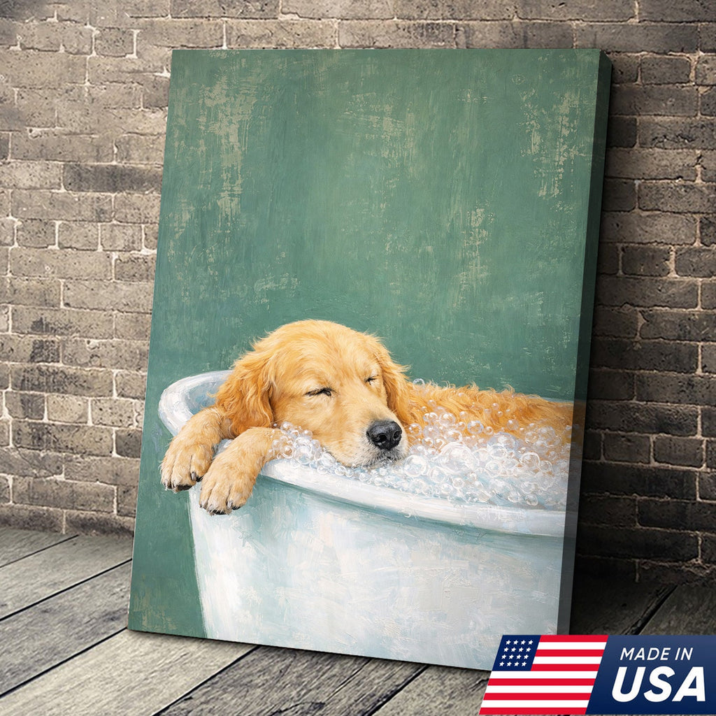 Golden Retriever Bath Canvas Wall Art, Cute Dog Bathroom Decor